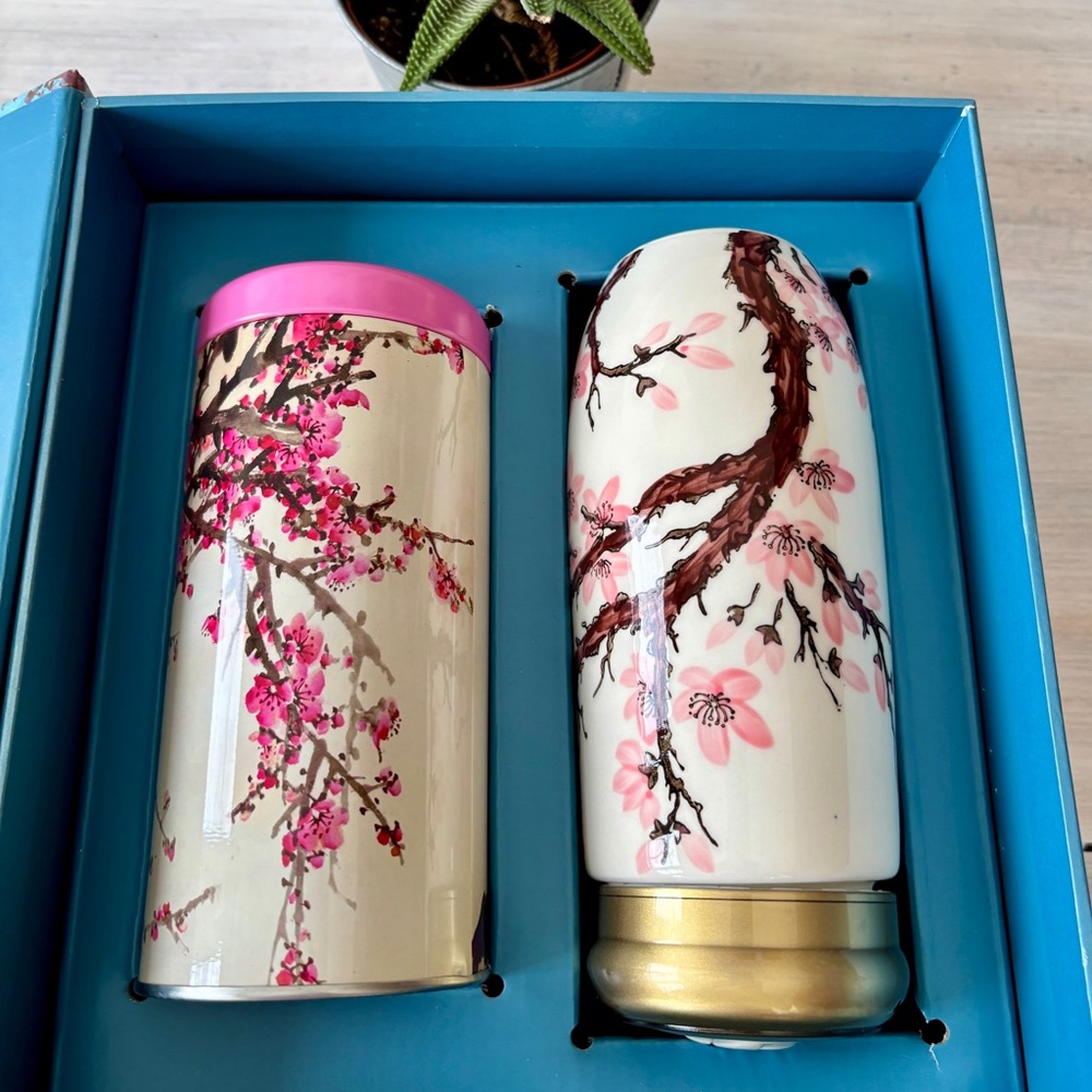Teavana Sakura Allure Tea Gift Set: Hand Painted Ceramic Tumbler & Tea Tin.